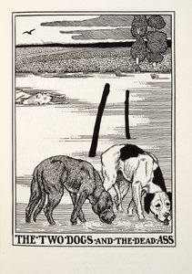 Die zwei Hunde und der tote Esel, aus Fontaine Fabeln, veröffentlicht 1905 von Percy J. Billingshurst