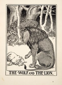 Der Wolf und der Löwe, aus Hundert Fabeln von Äsop, veröffentlicht 1903 (Gravur)