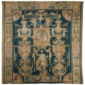 Allegorischer Wandteppich, der Neptun aus der Serie Doria Grotesken darstellt, mit einem zentralen figürlichen Rundel über Poseidon, Brüssel, ca. 1545-50 von Perino del Vaga