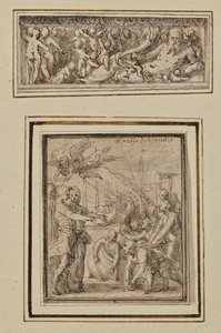 Flussgott umgeben von Putti; und Triumph des Marcus Furius Camillus von Perino del Vaga