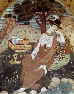 Eine persische Prinzessin unter der Herrschaft von Abbas I., ruhend. 17. Jahrhundert. Fresko aus dem Palast der 40 Säulen (Chehel Sotoun) in Isfahan, Iran.