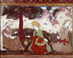 Eine persische Prinzessin mit ihren Kurtisanen in einem Garten des 17. Jahrhunderts. Fresko aus dem Palast der 40 Säulen (Chehel Sotoun) in Isfahan, Iran