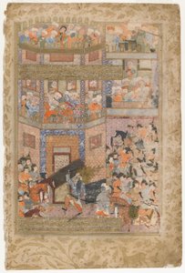 Ali hebt die Tore von Qamus, aus einem Rawzat al-safa, 1571-72 von Persian School