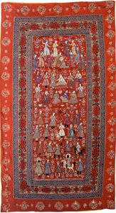 Ein bestickter Wandbehang aus rotem Wollstoff mit Reihen von Figuren, die das Leben von Joseph darstellen von Persian School