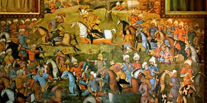 Schlacht von Taher-Abad oder Schlacht von Merv mit dem Sieg von Schah Ismail I. über Muhammad Shaybani Khan, Empfangshalle, Chehel Sotun, 1647