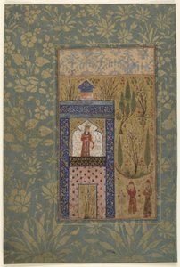 Seite aus einer Anthologie; Zwei Jugendliche vor einer Prinzessin an einem Fenster, Iran, 1417-18