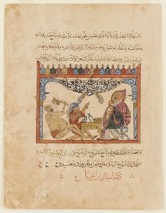 Seite aus einer arabischen Übersetzung der Materia Medica von Dioskurides; recto: ein Arzt behandelt einen verbundenen Mann; verso: Text, 1224 von Persian School