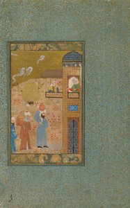 Seite aus einem unidentifizierten Text; verso: Zwei Männer mit Krügen nähern sich einem Gebäude, Schiras, Iran, ca. 1520