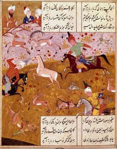 Islamische Kunst: Der König jagt Miniatur, die die Gedichte des persischen Dichters Hafez illustriert, persisches Manuskript. 1554 San Lorenzo de El Escorial, Königliche Bibliothek des Klosters von El Escorial, Madrid von Persian School