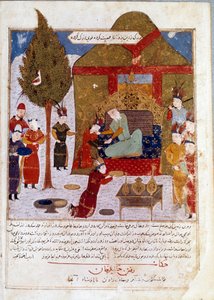 Mongolischer Kaiser Dschingis Khan auf seinem Thron in einem Lager bei Ilmil mit seinen Enkeln Quibalai und Hule Gu von Persian School