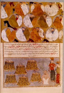 Mongolische Zelte und Gefangene von Dschingis Khan (1162-1227): Dschingis Khan lässt die Anhänger von Djamuqua, einem Mongolen des Jadjirat-Stammes, in Kessel werfen. Persische Miniatur aus 