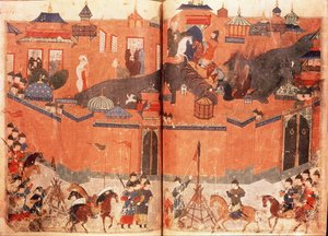 Ms.Sup.Pers.1113.f.180v-181 Mongolen unter der Führung von Hulagu Khan stürmen und erobern Bagdad im Jahr 1258, aus einem Buch von Rashid al-Din (1247-1318) von Persian School