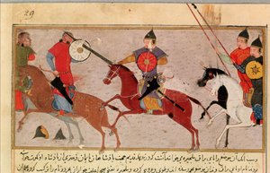 Ms Pers.113 f.29 Dschingis Khan (ca. 1162-1227) im Kampf gegen die Tartaren, aus einem Buch von Rashid-al-Din (1247-1318) von Persian School