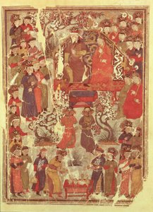 Genghis Khan und seine Frau Bortei auf dem Thron vor Höflingen, aus dem Buch Jami al Tawarikh von Rashid ad-Din von Persian School