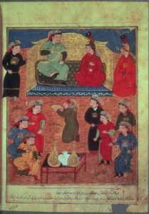 Ms. Supp. Pers. 1113 fol.203v Arghan Khan mit zwei seiner Frauen und seinem Sohn Ghazan, aus einem Buch von Rashid ad-Din (1247-1318) von Persian School