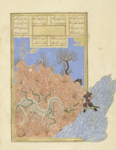Gushtasp tötet den Drachen, Illustration aus dem Shahnama (Buch der Könige), von Abul-Qasim Mansur Firdawsi (ca. 934-ca. 1020), 1444 von Persian School