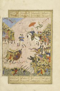 Gushtasp im Kampf mit Asjasp in Balkh, Illustration aus dem Shahnama (Buch der Könige), von Abul-Qasim Mansur Firdawsi (ca. 934-ca. 1020), 1444 von Persian School