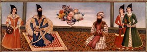 Persischer König Fath Ali Shah (1771-1834) umgeben von Mitgliedern seines Hofes. Gemälde der Shiraz-Schule (19. Jahrhundert), Teheran, Foroughi-Sammlung von Persian School
