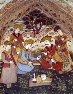 Darstellung von Abbas I. dem Großen, bedient von Kurtisanen (Detail eines Freskos)
