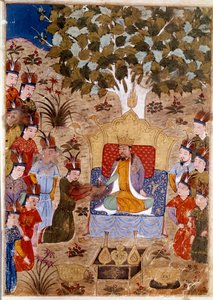 Darstellung von Chaghtai Khan (1227-1242) auf seinem Thron, er ist der Sohn von Dschingis Khan zu Pferd. Persische Miniatur aus „Jami al-Tawarikh“ (Jami al tawarikh) oder „Universalgeschichte“ von Historiker Rashid al-Din (al din) (1247-1318) um 1430.