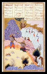 Ruhham greift den turanischen Zauberer an, Illustration aus dem Shahnama (Buch der Könige) von Abul-Qasim Manur Firdawsi (ca. 934-ca. 1020) ca. 1440-45 von Persian School