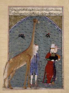 Die Botschafter des ägyptischen Sultans al-Nasir Faraj ibn Barquq präsentieren ihre Tributzahlungen, einschließlich einer Giraffe, an Timur, Illustration aus Zafarnama von Sharaf al-Din Ali Yazdishiraz, 1436