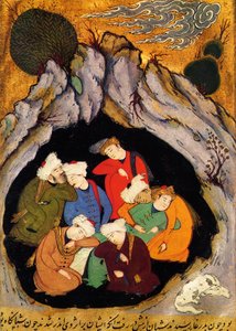 „Die schlafenden Sieben von Ephesus“ aus „Die goldene Legende“ von Jacobus (James) de Voragine (1228-1298). Xylographie des 16. Jahrhunderts. Persische Miniatur des Manuskripts „Geschichte der Propheten“, um 1550