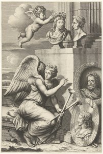 Ruhm sitzend bei Porträts von Herrschern mit Lorbeerkränzen von Peter Dannoot