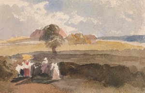Landschaftsskizze mit Figuren im Vordergrund