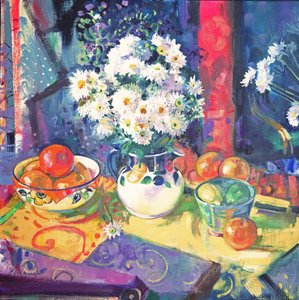 Blumen und Früchte in einer grünen Schale, 1997