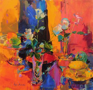 Stillleben mit Rosen und Früchten
