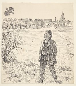 Der Junge und der Kiebitz. Faaborg mit der Kirche im Hintergrund von Peter Hansen