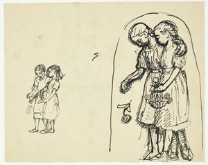 Zwei kleine Mädchen, die Blumen streuen. Zwei Entwürfe auf demselben Blatt von Peter Hansen