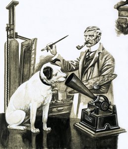 Künstler malt den Hund, der einem Grammophon zuhört
