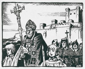 Bischof Poore führt sein Volk von Old Sarum weg, um 1220 Salisbury zu gründen