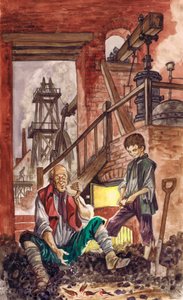 George Stephenson beobachtet, wie sein Vater Krümel an die gezähmten Rotkehlchen füttert (Gouache auf Papier)
