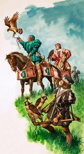 König Heinrich VII. lässt seinen Falken beim Jagen frei