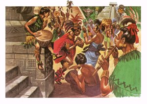 Maya-Eingeborene tanzen und musizieren vor einem Tempel