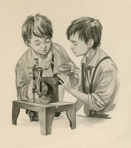 Die Gebrüder Wright als Jungen, die Wasser mit einer Feder in die Nähmaschine tropfen lassen