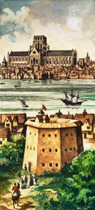 Die Außenseite des Globe Theatre am Flussufer in Bankside