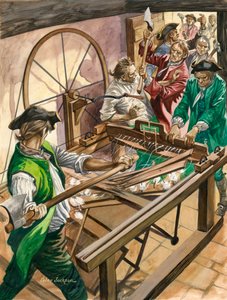 Arbeiter greifen das Haus von James Hargreaves in Blackburn an, um seine Erfindung, die Spinning Jenny, zu zerstören