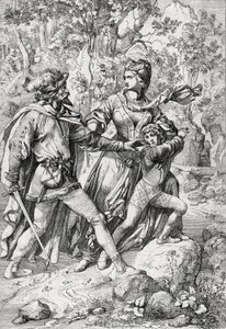 Königin von England Margaret von Anjou (1430-1482) und ihr Sohn Edward werden während ihrer Flucht nach dem Triumph der Yorkisten von einem Räuber gerettet von Peter Johann Nepomuck Geiger