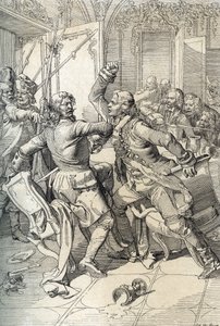 Streltsy-Aufstand: Verhaftung von Mitgliedern der Streltsy-Regimenter nach ihrem Aufstand 1698 gegen die progressiven Innovationen von Zar Peter dem Großen, Russland