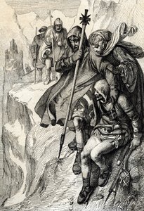Der König der Römer Heinrich IV. überquert den Mont-Cenis-Pass, um die Alpen zu überqueren und zur Gräfin Mathilde von Toskana nach Canossa zu gelangen, wo Papst Gregor VII. im Januar 1077 war von Peter Johann Nepomuck Geiger