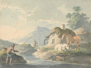 Ländliche Szene: Mann angelt, links; Hütte mit Wassermühle und Pferden rechts
