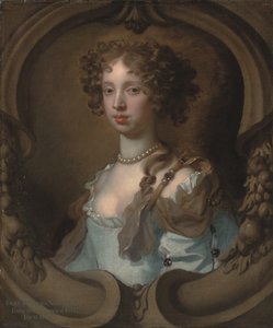 Porträt von Lady Frances Norcliffe (1654-1731), büste, in einem hellblauen Kleid mit einer Perlenbrosche, in einem skulptierten Kartusche