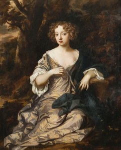 Porträt einer Dame, ganzfigur, in einer bewaldeten Landschaft, in einem violetten Seidenkleid mit weißen Ärmeln und Verzierungen