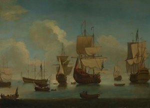 Englische Kriegsschiffe vor Anker in ruhiger See, Segel trocknend, frühes 18. Jahrhundert