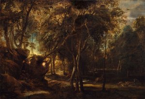 Ein Wald im Morgengrauen mit einer Hirschjagd