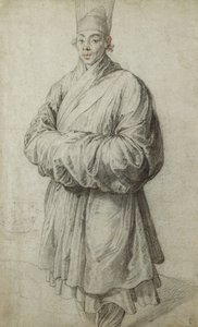 Ein Mann in koreanischer Tracht, der einen durchsichtigen Kopfschmuck aus Pferdehaar trägt, fast ganzfigur, ein Schiff links von Peter Paul Rubens